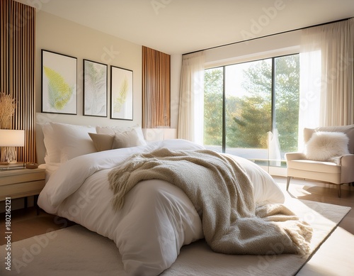 a serene bedroom scene bathed in natural light from a large window a plush white duvet covers a king sized bed layered with textured pillows and a cozy throw blanket