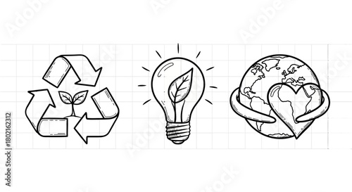 Eco-friendly concepts with recycling, renewable energy, and global love in simple sketch style