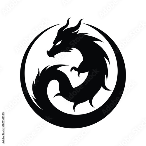 Black dragon silhouette logo featuring a circular mythical creature emblem design Vector illustration