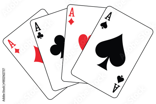 Hand of aces playing cards, four aces poker concept illustration, clean vector set ideal for poker tutorials, gambling themed artwork