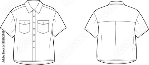 Short sleeve button-up shirt technical sketch, front and back view, fashion flat drawing, garment design, apparel template, vector illustration