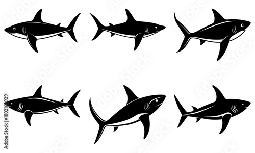 Collection of six silhouette style sharks swimming in various directions on a white background design element