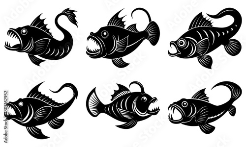 Six black and white stylized anglerfish with sharp teeth and open mouths in various poses and orientations