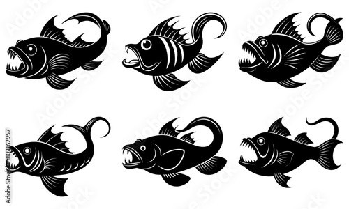 Collection of six stylized black and white piranha fish with sharp teeth and open mouths on white background