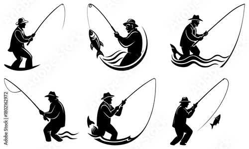 Silhouette illustrations of fishermen with fishing rods catching fish in various poses and stylized water