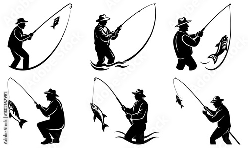 Silhouette illustrations of fishermen catching fish with fishing rods in various poses and environments