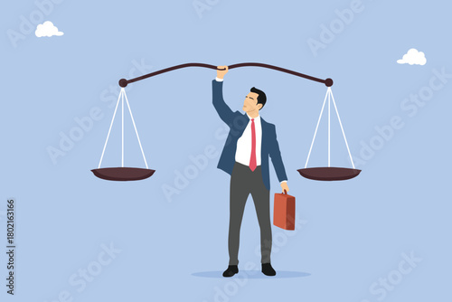 Principles and business ethic to do right things, social responsibility or integrity to earn trust, balance and justice for leadership concept, confident businessman leader lift balance ethical scale.