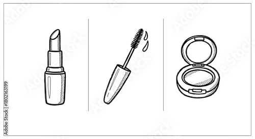 Hand drawn makeup essentials: lipstick, mascara, and compact in sketch style