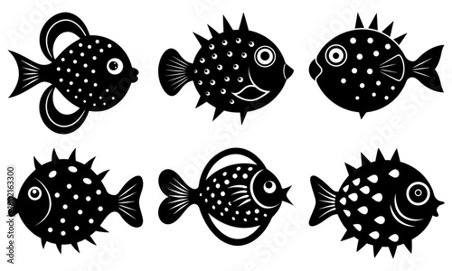 Six stylized black and white puffer fish with varying designs and fin shapes on a white background