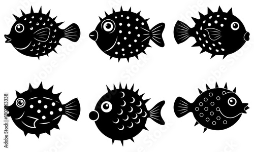 Collection of six black and white puffer fish illustrations with varying spot patterns and fin designs