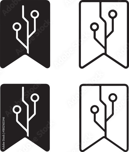 Isolated Bookmark Tag Circuit Icon Set, solid black bookmark icon, tech save tag symbol, clean circuit lines, minimal outline filled thin stroke vector design, smart mark icon buyers