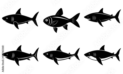 Collection of six black and white stylized fish illustrations with varying fin and body shapes