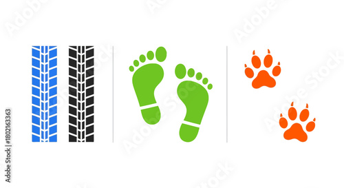 Tire tread, human footprints, and animal paw prints in colorful design