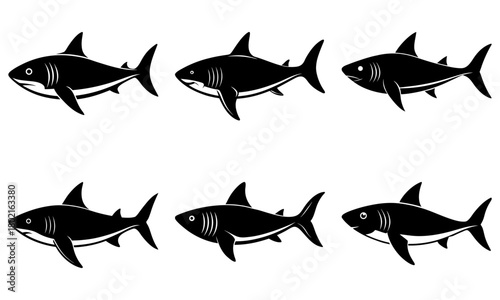 Illustration of six black sharks arranged in two rows against a white background simple and clean style