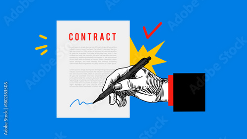 Trendy collage of sketch hand signs contract document. Legal agreement, business, law, partnership, HR, finance, banking, insurance, real estate concept. Engraved hand drawn vector illustration.