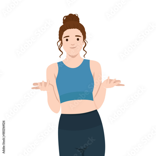 Woman shrugging with a confused expression, representing uncertainty, doubt, and questioning. Flat vector illustration isolated on white background