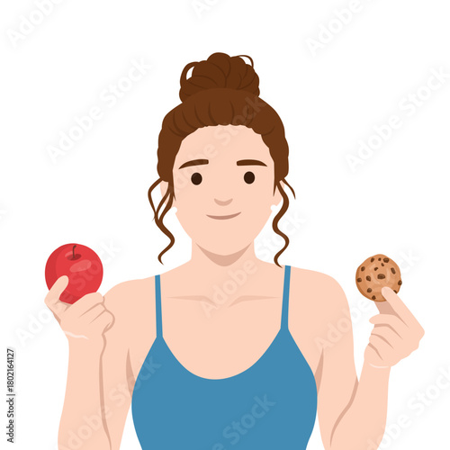 Woman Choosing Between Apple and Cookie. Flat vector illustration isolated on white background
