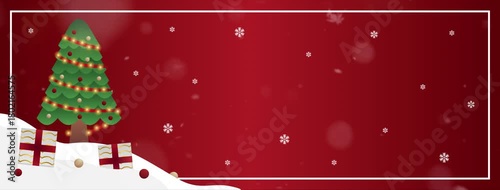 Christmas Snow Animation with Pine Tree Border on Red Background