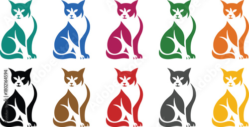 Sitting cat silhouettes with white chests in colors, Colorful cat icons with chest details