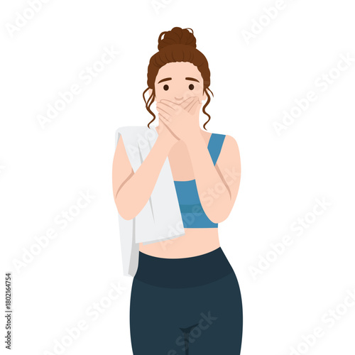 Surprised Fitness Woman Covering Mouth. Flat vector illustration isolated on white background