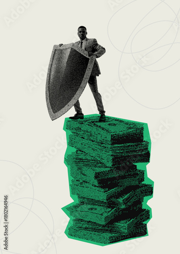 Halftone business person standing on money stack holding shield symbolising financial security and protection