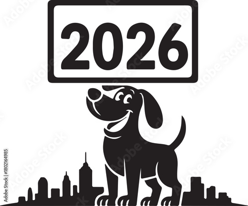 happy new year dog. Chinese banner vector silhouette design,  Happy New Year 2026 poster, “HAPPY NEW YEAR!” text — cheerful festive vector design. 