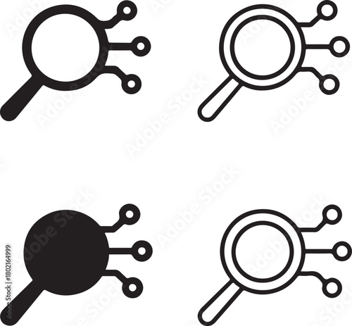 Isolated Search Magnifier Circuit Icon Set, solid black search icon, tech find zoom symbol, clean circuit lines, minimal outline filled thin stroke vector design, smart discovery icon buyers