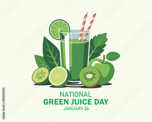 National Green Juice Day vector. Healthy green vegetable and fruit juice vector. Glass of green smoothie icon. Green Juice Day Poster, January 26.