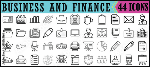 Business and finance icon set for corporate projects, Collection of 44 line-style business and finance icons, perfect for presentations, apps, websites, and professional design projects needing clear
