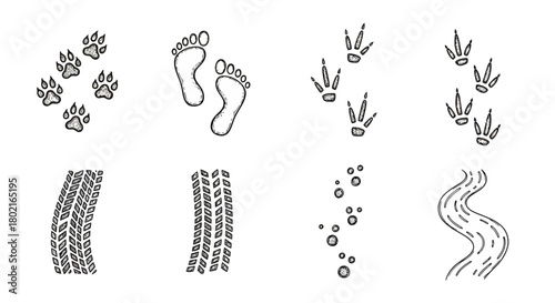 Hand-drawn footprints and tracks collection with animal and human paths in doodle style