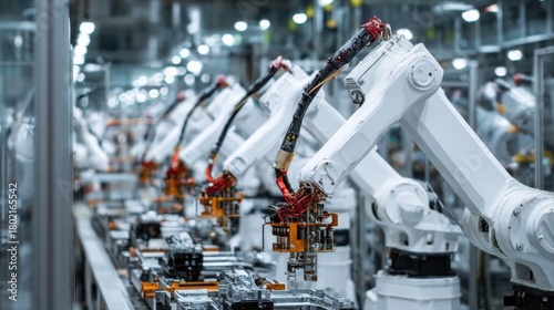 Row of White Robotic Arms at Automated Production Line at Bright Modern Factory. Industrial Robot Arms Assemble Lithium-Ion EV Battery Pack. Electric Car Manufacturing Inside Automotive Smart Factory