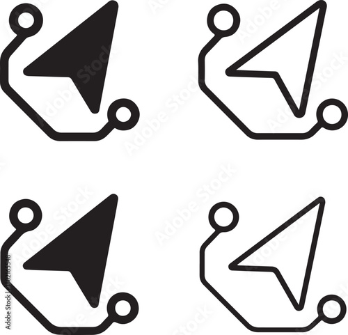 Isolated Navigation Arrow Circuit Icon Set, solid black location arrow icon, tech gps route symbol, clean circuit lines, minimal outline filled thin stroke vector design, smart map icon buyers