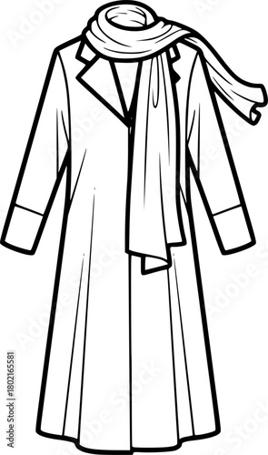 A line art illustration of a full-length garment with a scarf