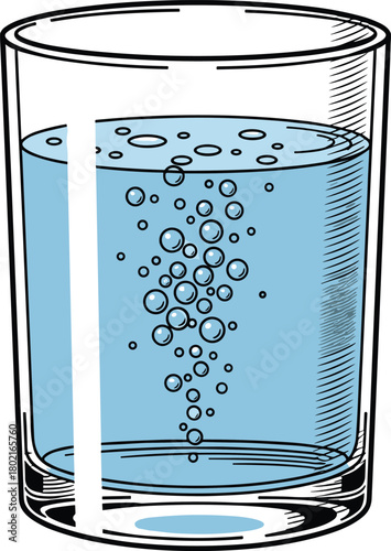 Transparent glass filled with blue liquid and rising bubbles, carbonated water, fizzy drink, refreshing beverage, clean hydration, chemistry vector illustration