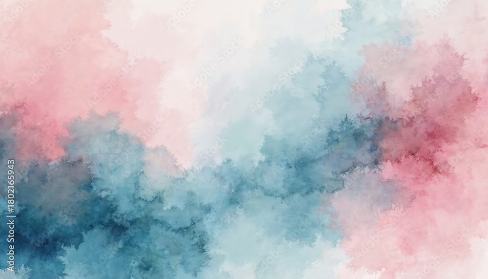 Fototapeta premium Abstract watercolor washes blend in soft pink and blue hues. Textured brush strokes create a dreamy, organic background for creative projects. Gentle paint splashes suggest artful expression.