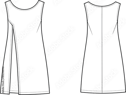 Sleeveless dress technical sketch, front and back view, round neckline, asymmetrical pleat, A-line silhouette, fashion illustration, garment construction drawing, minimal design