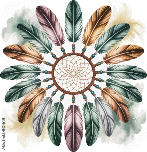 Dreamcatcher with Colorful Feathers and Watercolor Splashes