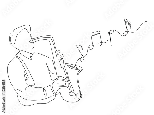 Continuous line art drawing of Man Playing Saxophone with note music coming out from the instrument. Editable stroke.