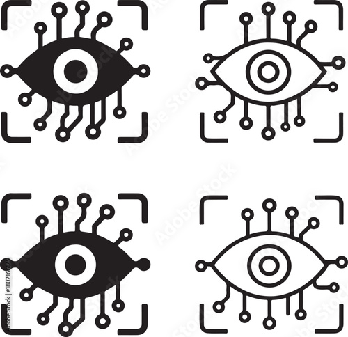Isolated Eye Scan Circuit Icons black vector set, eye scan, biometric, security, digital eye, minimal circuit, thin stroke, tech scan, smart chip, vector isolated for buyers
