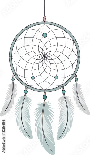 Dreamcatcher with Feathers and Beads on White Background