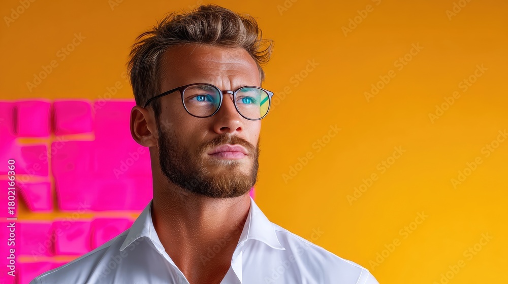 Fototapeta premium European male creative director presenting holographic brand concepts in bright minimal office