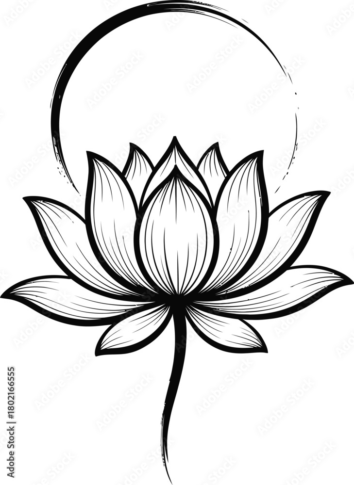 Obraz premium Black and White Lotus Flower with Brush Stroke Circle