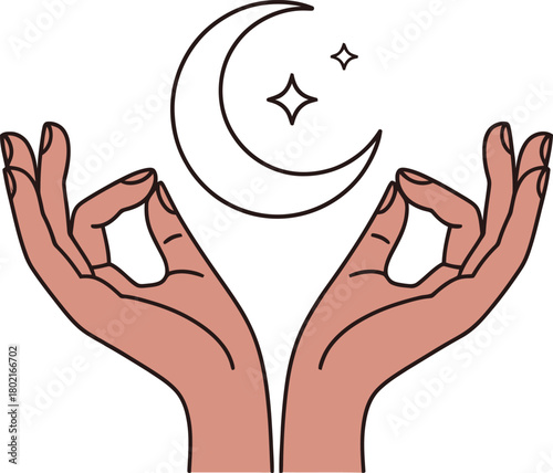 Hands in Meditation Pose with Crescent Moon and Stars