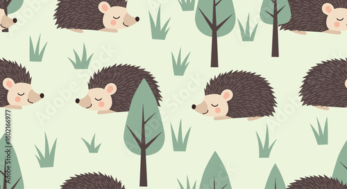 Charming seamless pattern featuring adorable hedgehogs wandering amongst stylized trees and lush green grass, creating a whimsical woodland scene.