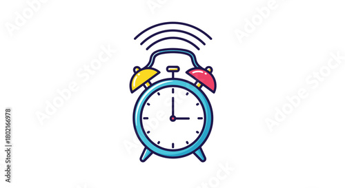 A colorful illustration of a classic alarm clock ringing, with the time set to approximately 9:00, symbolizing wake-up calls and morning routines.