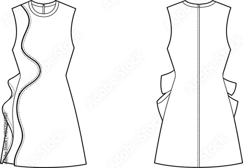 Sleeveless dress technical sketch, front and back view, round neckline, asymmetrical seam, sculptural ruffles, fitted silhouette, fashion illustration, garment construction drawing