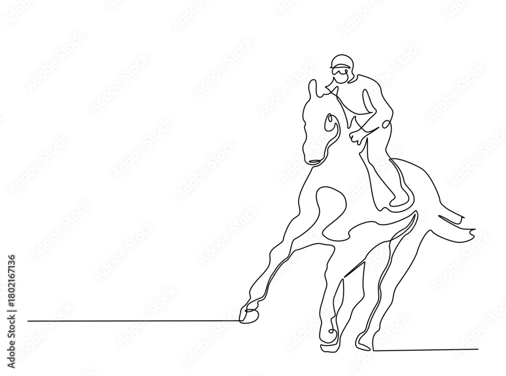 Fototapeta premium Continuous one line drawing of woman jockey riding horse . Equestrian Rider single line art illustration. Editable vector.