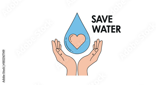 Hands cradling a water droplet containing a heart shape, promoting water conservation and environmental awareness with the text 'save water'.