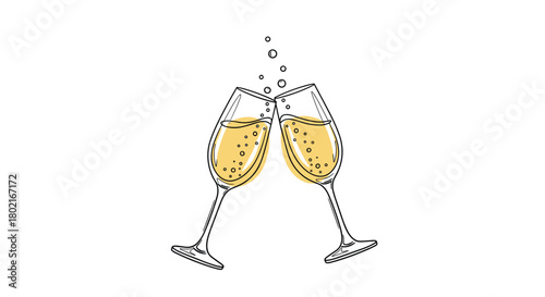 A celebratory sketch of two champagne flutes clinking together, filled with bubbly golden liquid and a few rising bubbles, symbolizing joy and toasting.