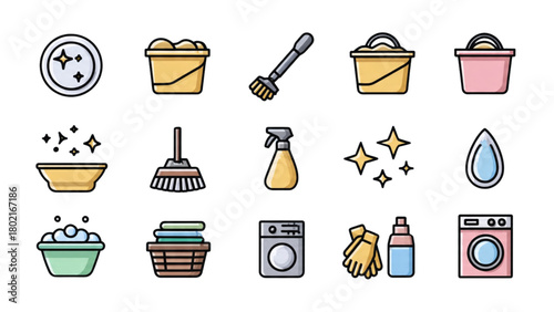 Cleaning Supplies Icons Set for Home Laundry Housekeeping Chores Service Design Projects
